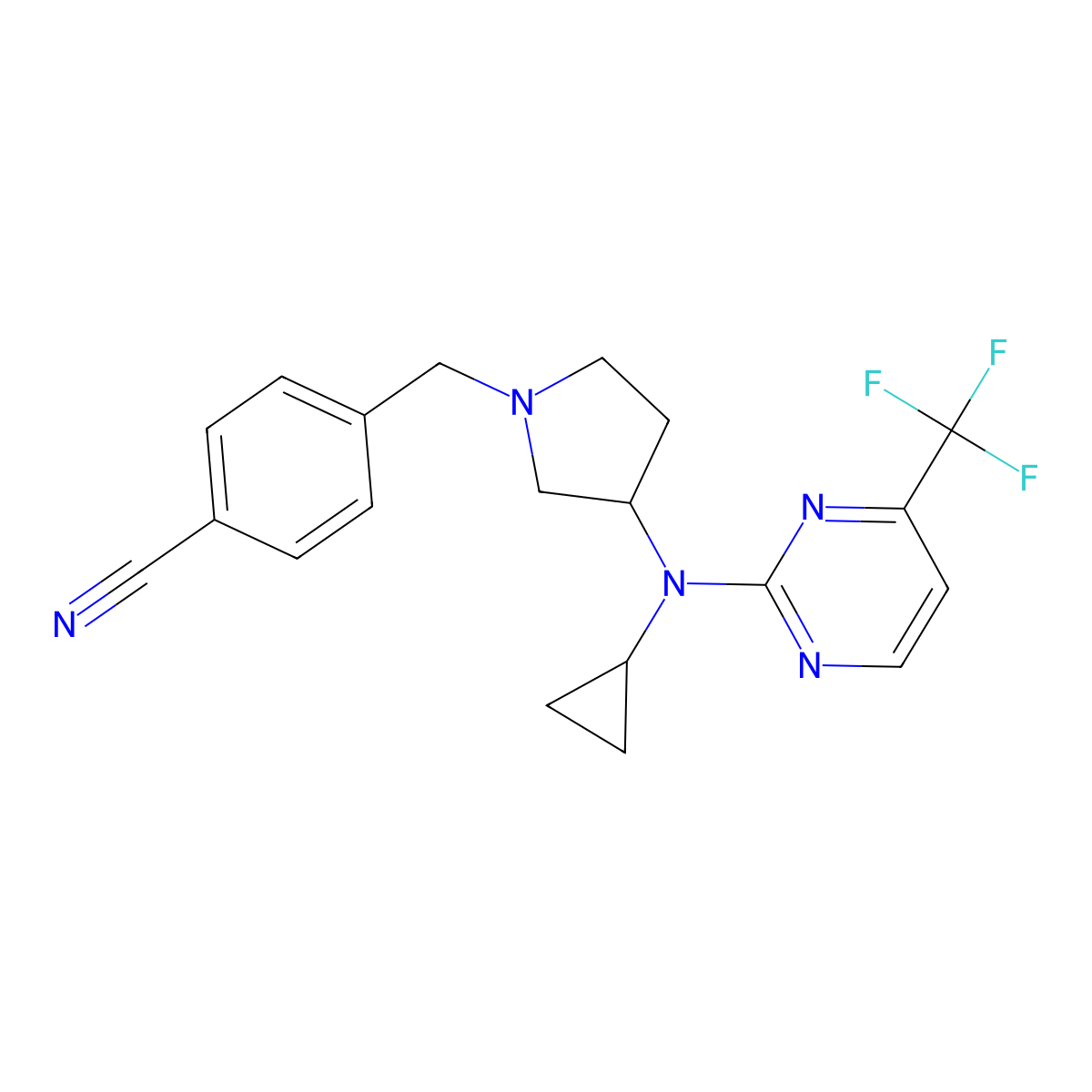 4-[(3-{Cyclopropyl[4-(trifluoromethyl)pyrimidin-2-yl]amino}pyrrolidin-1-yl)methyl]benzonitrile molecular structure, CAS 3030766-56-1