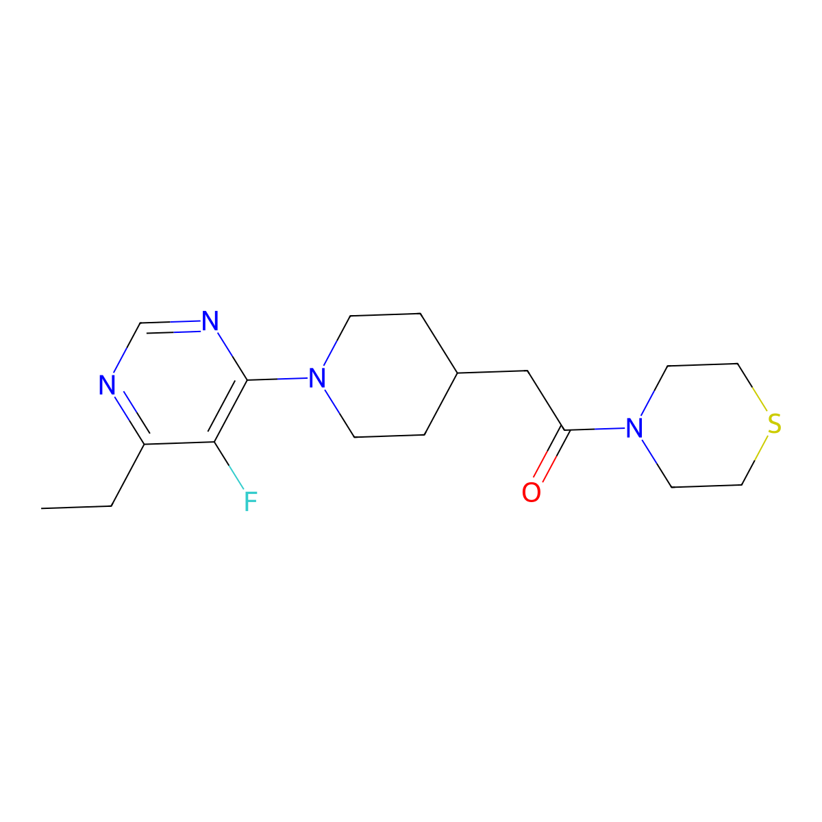 2-[1-(6-Ethyl-5-fluoropyrimidin-4-yl)piperidin-4-yl]-1-(thiomorpholin-4-yl)ethan-1-one molecular structure, CAS 3030767-23-5
