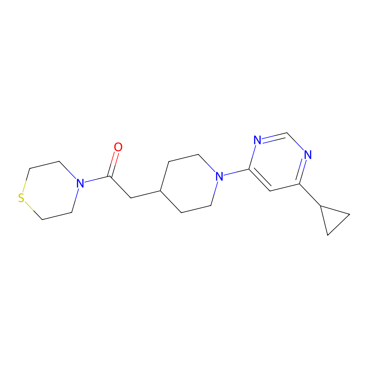 2-[1-(6-Cyclopropylpyrimidin-4-yl)piperidin-4-yl]-1-(thiomorpholin-4-yl)ethan-1-one molecular structure, CAS 3030767-29-1