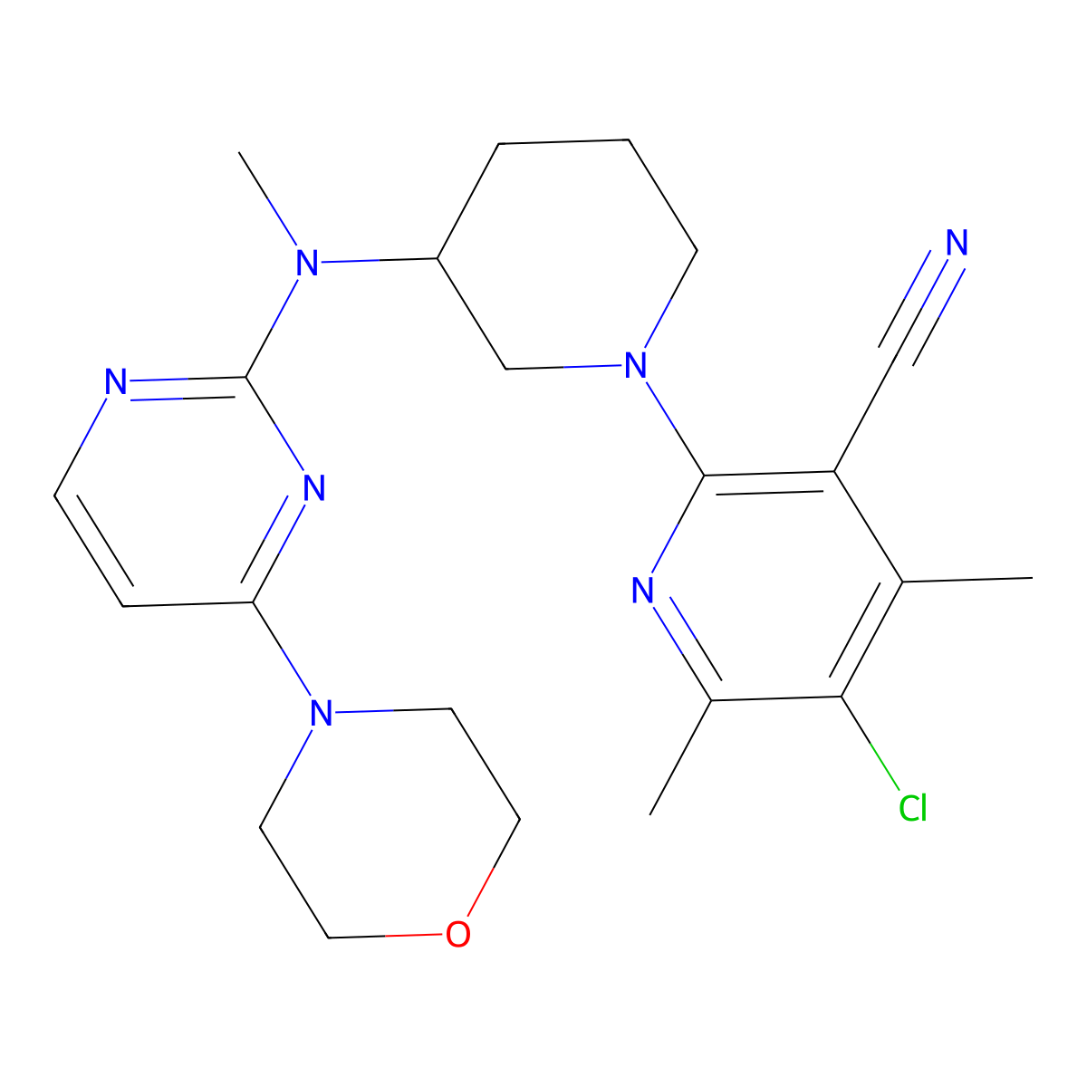 5-Chloro-4,6-dimethyl-2-(3-{methyl[4-(morpholin-4-yl)pyrimidin-2-yl]amino}piperidin-1-yl)pyridine-3-carbonitrile molecular structure, CAS 3030767-87-1