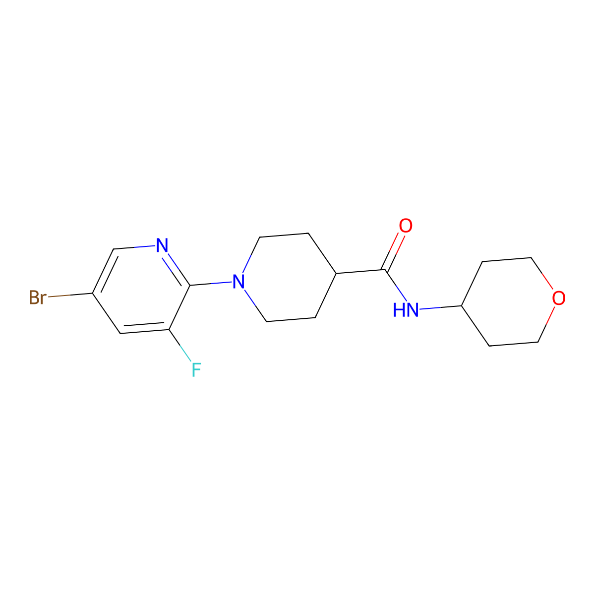 1-(5-bromo-3-fluoropyridin-2-yl)-N-(oxan-4-yl)piperidine-4-carboxamide molecular structure, CAS 3030768-03-4