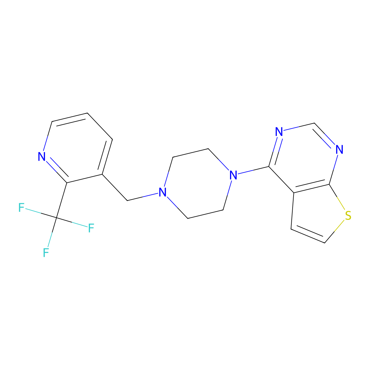 4-[4-[[2-(Trifluoromethyl)pyridin-3-yl]methyl]piperazin-1-yl]thieno[2,3-d]pyrimidine molecular structure, CAS 3030768-24-9