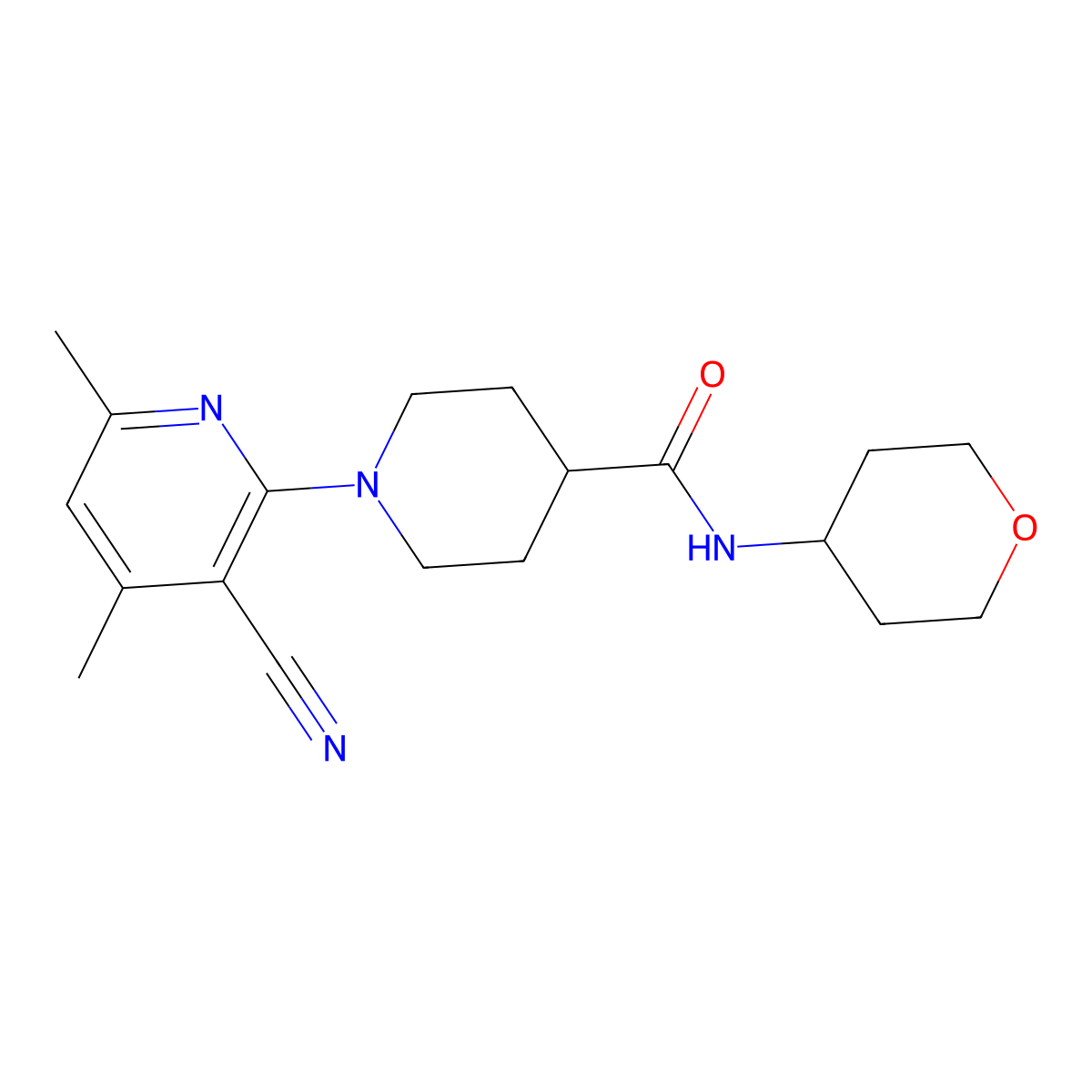 1-(3-cyano-4,6-dimethylpyridin-2-yl)-N-(oxan-4-yl)piperidine-4-carboxamide molecular structure, CAS 3030768-52-3