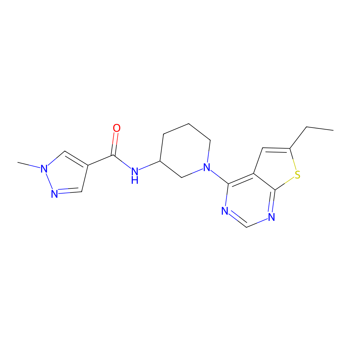 N-(1-{6-ethylthieno[2,3-d]pyrimidin-4-yl}piperidin-3-yl)-1-methyl-1H-pyrazole-4-carboxamide molecular structure, CAS 3030768-85-2