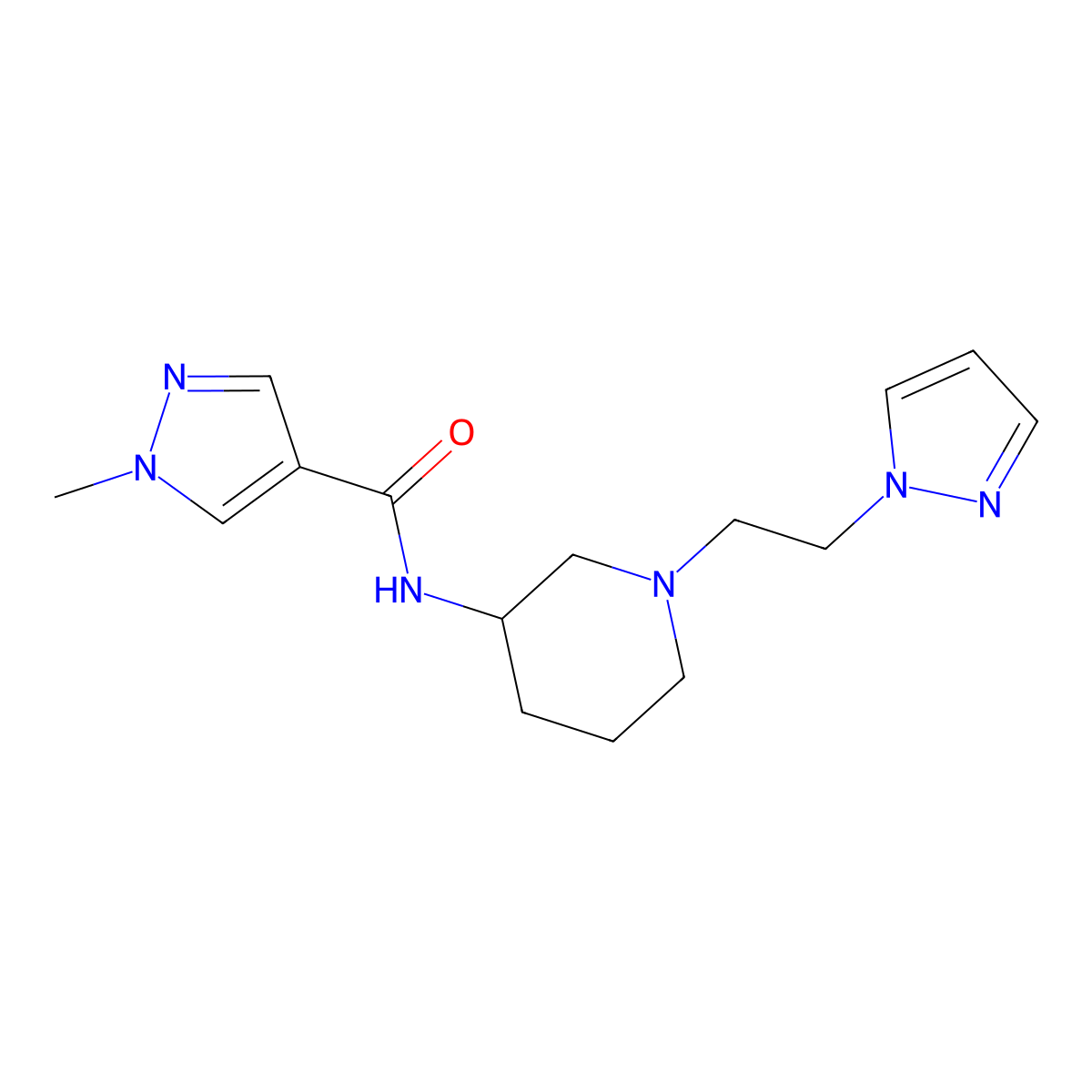 1-methyl-N-{1-[2-(1H-pyrazol-1-yl)ethyl]piperidin-3-yl}-1H-pyrazole-4-carboxamide molecular structure, CAS 3030768-96-5