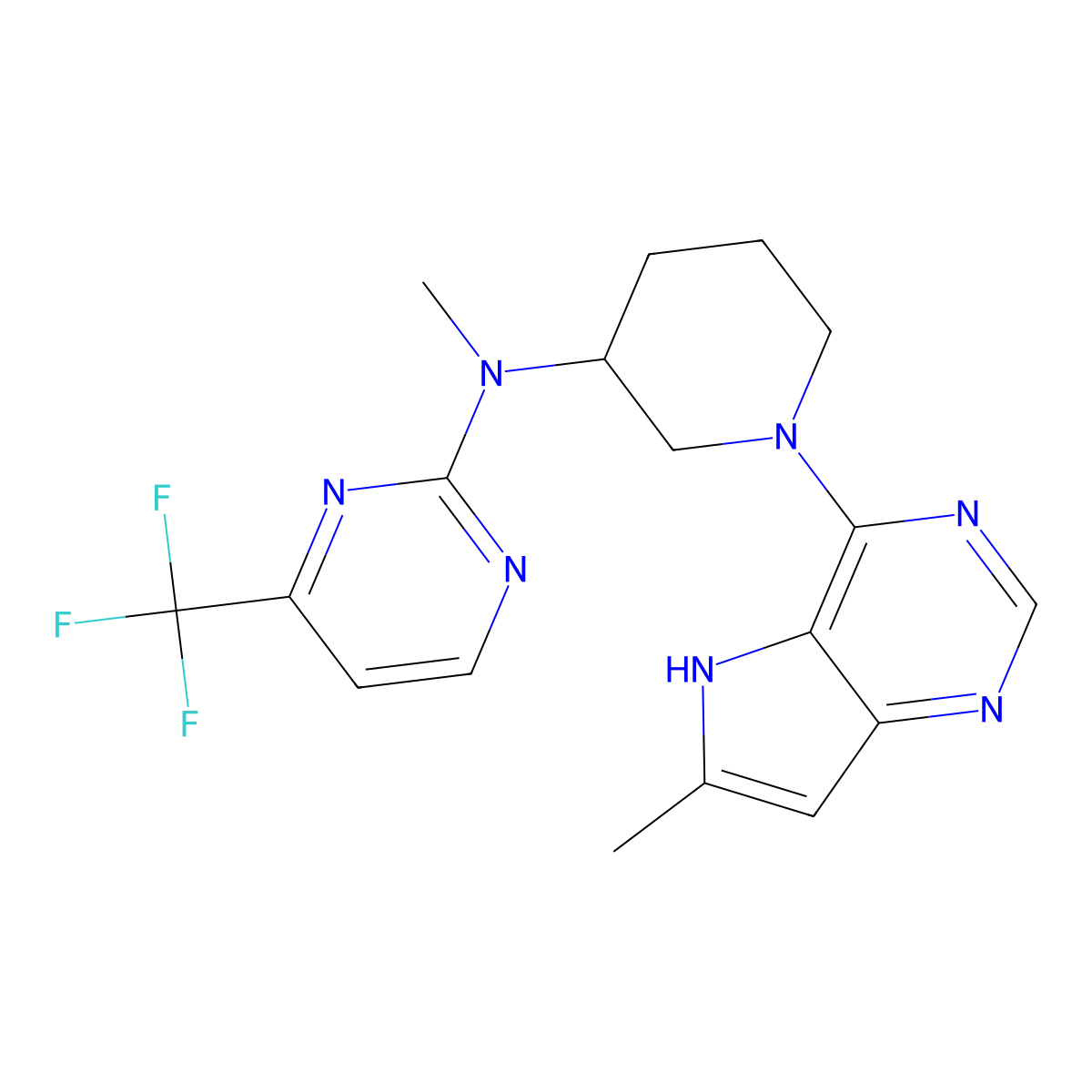 N-methyl-N-(1-{6-methyl-5H-pyrrolo[3,2-d]pyrimidin-4-yl}piperidin-3-yl)-4-(trifluoromethyl)pyrimidin-2-amine molecular structure, CAS 3030777-59-1