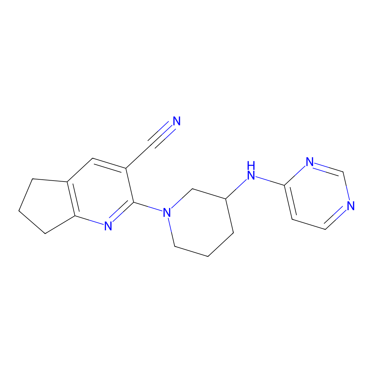 2-{3-[(pyrimidin-4-yl)amino]piperidin-1-yl}-5H,6H,7H-cyclopenta[b]pyridine-3-carbonitrile molecular structure, CAS 3030777-65-9