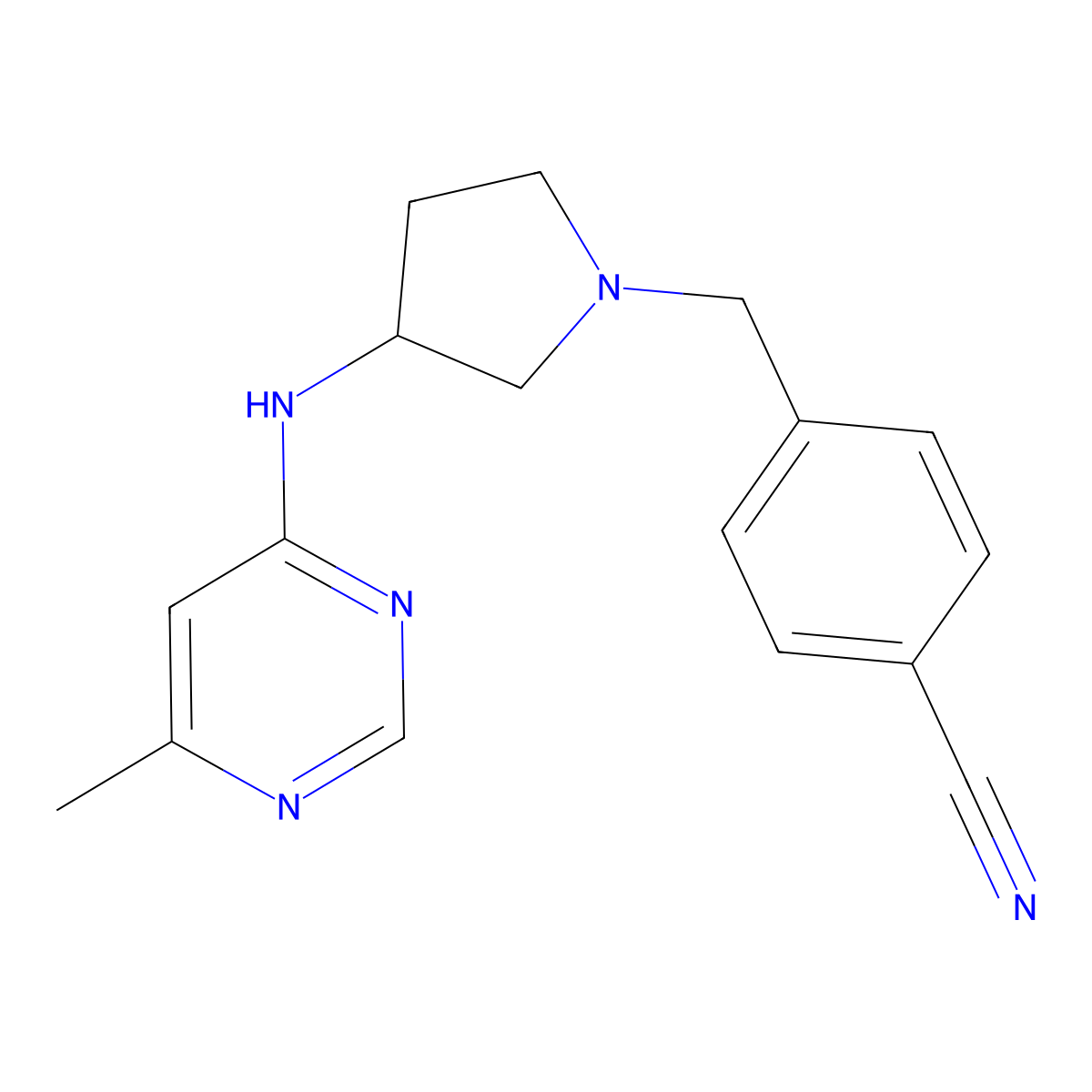 4-({3-[(6-Methylpyrimidin-4-yl)amino]pyrrolidin-1-yl}methyl)benzonitrile molecular structure, CAS 3030777-82-0