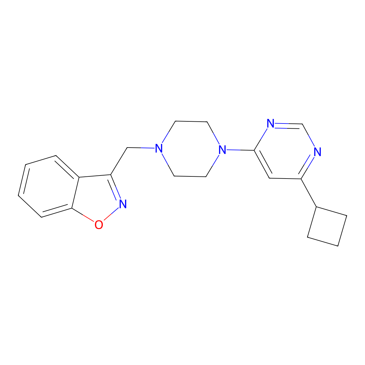 3-{[4-(6-Cyclobutylpyrimidin-4-yl)piperazin-1-yl]methyl}-1,2-benzoxazole molecular structure, CAS 3030777-87-5
