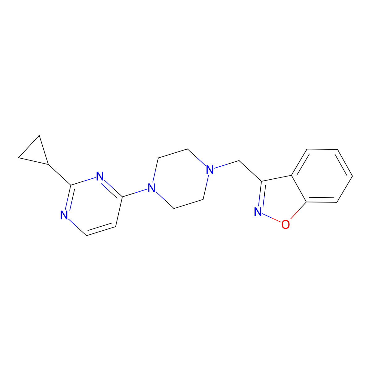 3-{[4-(2-Cyclopropylpyrimidin-4-yl)piperazin-1-yl]methyl}-1,2-benzoxazole molecular structure, CAS 3030777-97-7
