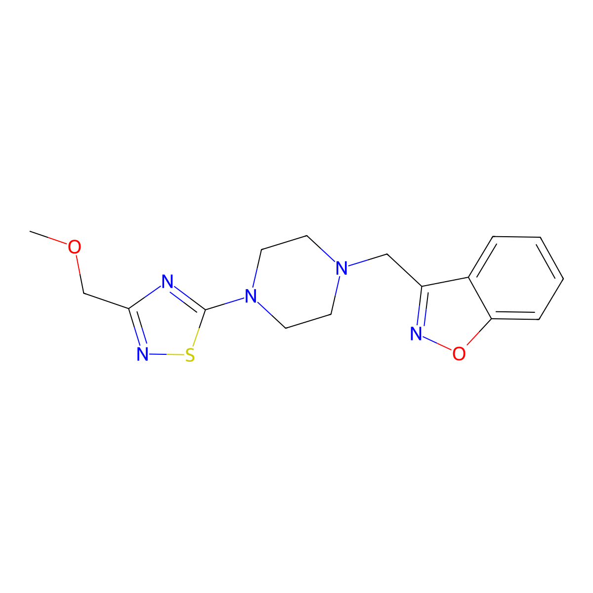 3-({4-[3-(Methoxymethyl)-1,2,4-thiadiazol-5-yl]piperazin-1-yl}methyl)-1,2-benzoxazole molecular structure, CAS 3030778-03-8