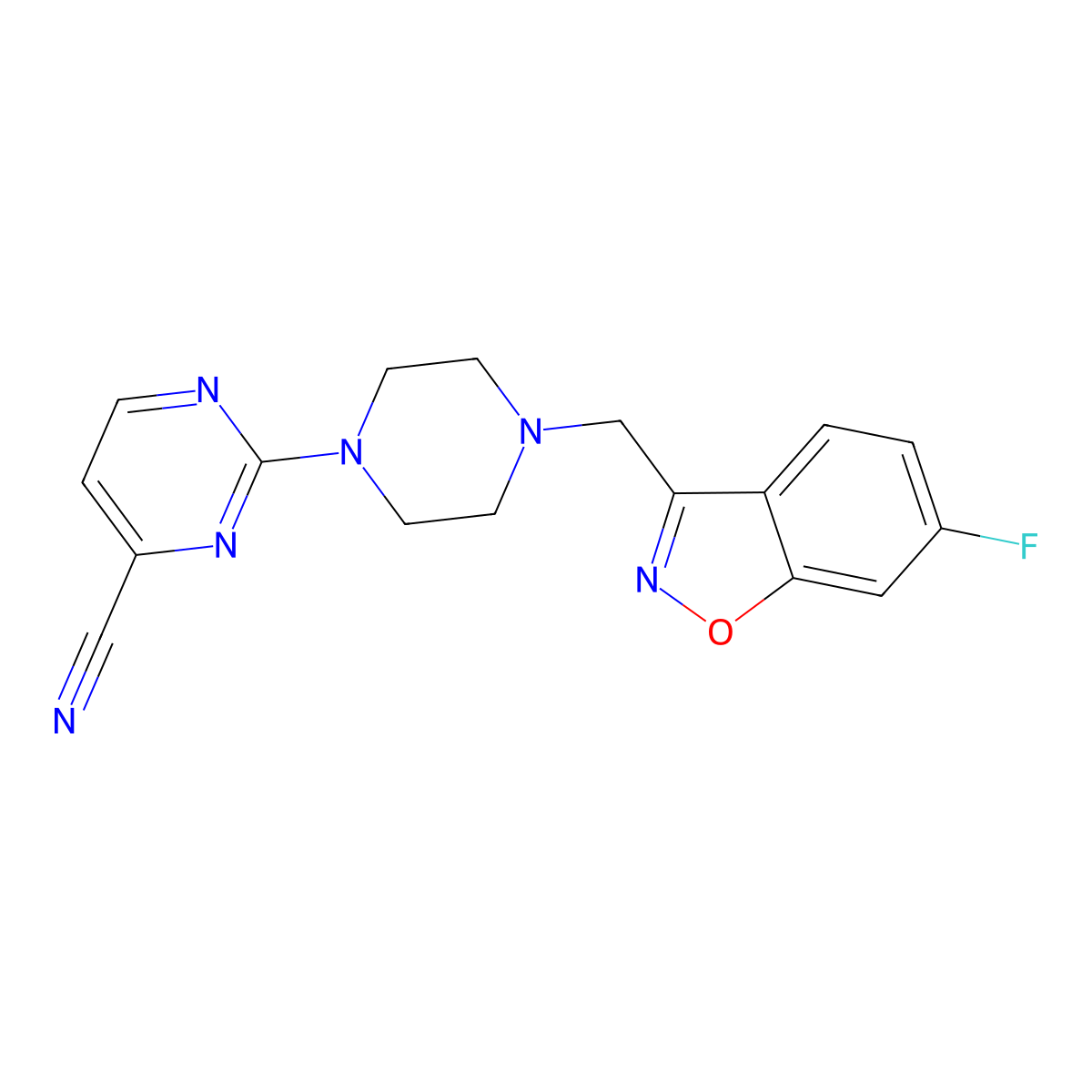 2-{4-[(6-Fluoro-1,2-benzoxazol-3-yl)methyl]piperazin-1-yl}pyrimidine-4-carbonitrile molecular structure, CAS 3030778-08-3