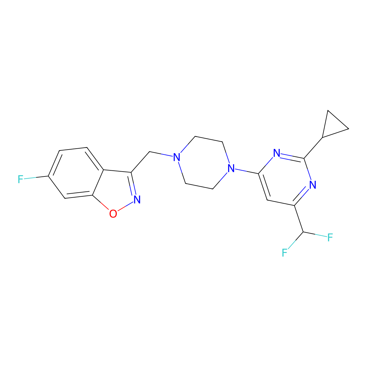 3-({4-[2-Cyclopropyl-6-(difluoromethyl)pyrimidin-4-yl]piperazin-1-yl}methyl)-6-fluoro-1,2-benzoxazole molecular structure, CAS 3030778-12-9