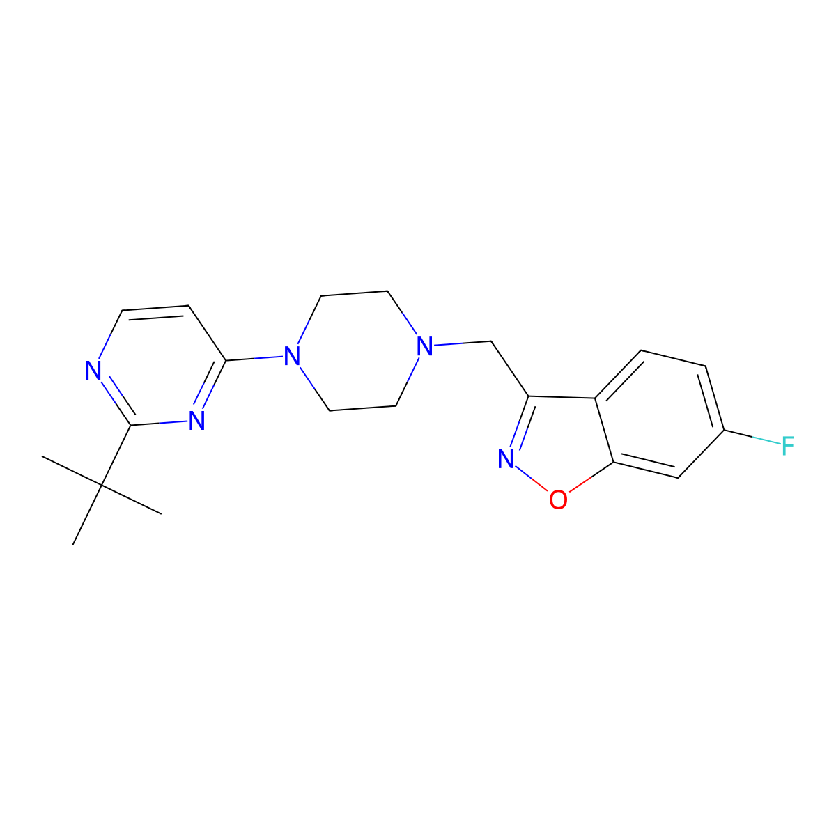 3-{[4-(2-Tert-butylpyrimidin-4-yl)piperazin-1-yl]methyl}-6-fluoro-1,2-benzoxazole molecular structure, CAS 3030778-13-0