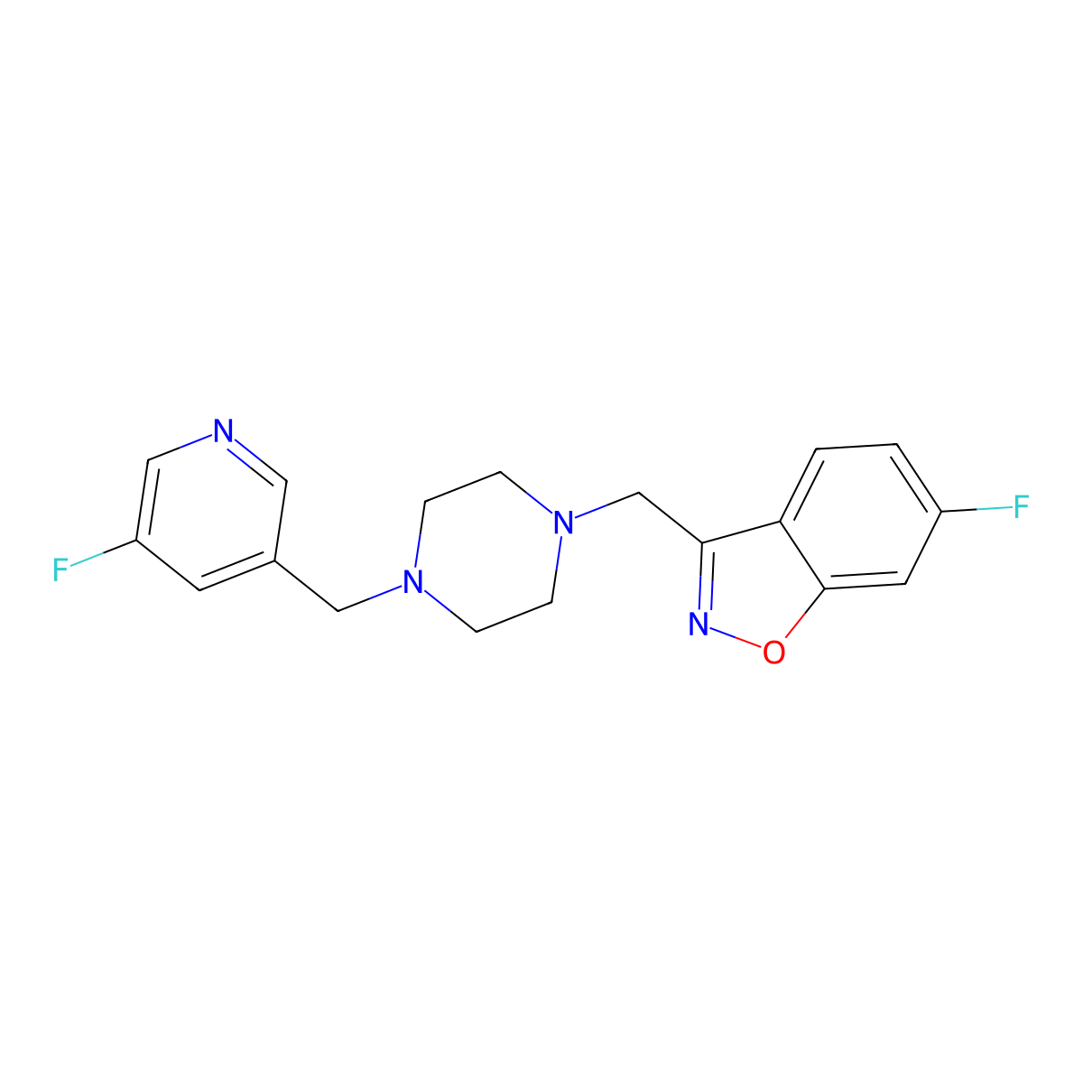 6-Fluoro-3-({4-[(5-fluoropyridin-3-yl)methyl]piperazin-1-yl}methyl)-1,2-benzoxazole molecular structure, CAS 3030778-15-2