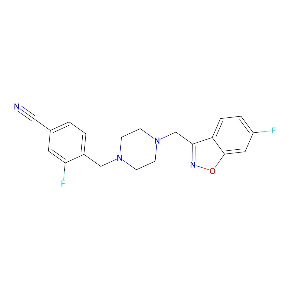 3-Fluoro-4-({4-[(6-fluoro-1,2-benzoxazol-3-yl)methyl]piperazin-1-yl}methyl)benzonitrile molecular structure, CAS 3030778-18-5