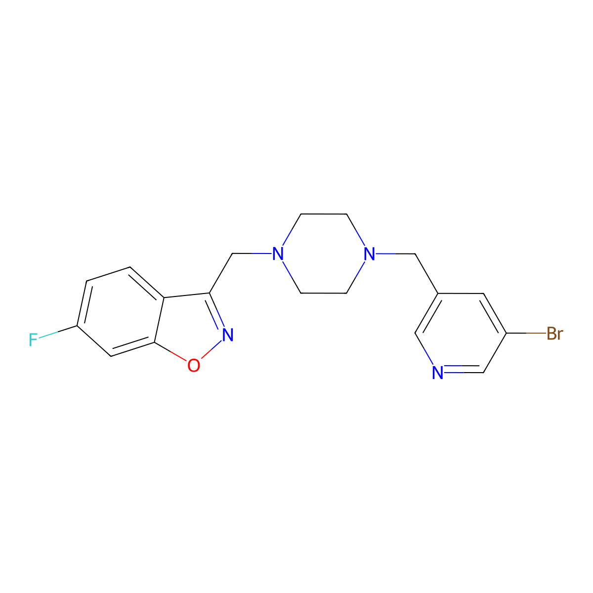 3-({4-[(5-Bromopyridin-3-yl)methyl]piperazin-1-yl}methyl)-6-fluoro-1,2-benzoxazole molecular structure, CAS 3030778-21-0