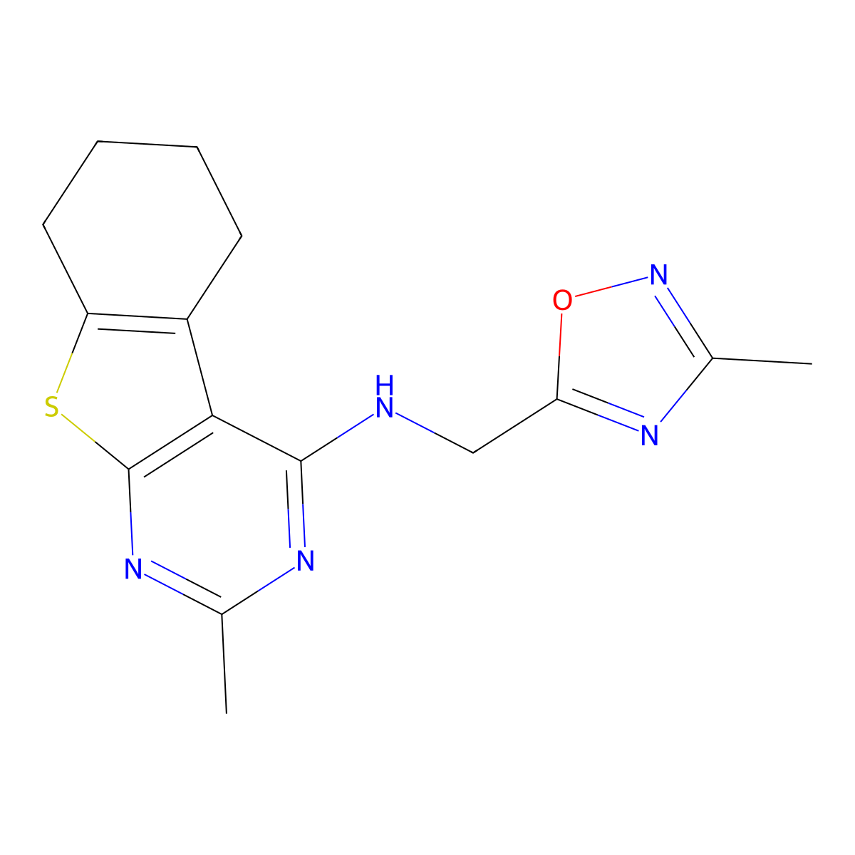 5-methyl-N-[(3-methyl-1,2,4-oxadiazol-5-yl)methyl]-8-thia-4,6-diazatricyclo[7.4.0.0(2),]trideca-1(9),2,4,6-tetraen-3-amine molecular structure, CAS 3030778-41-4