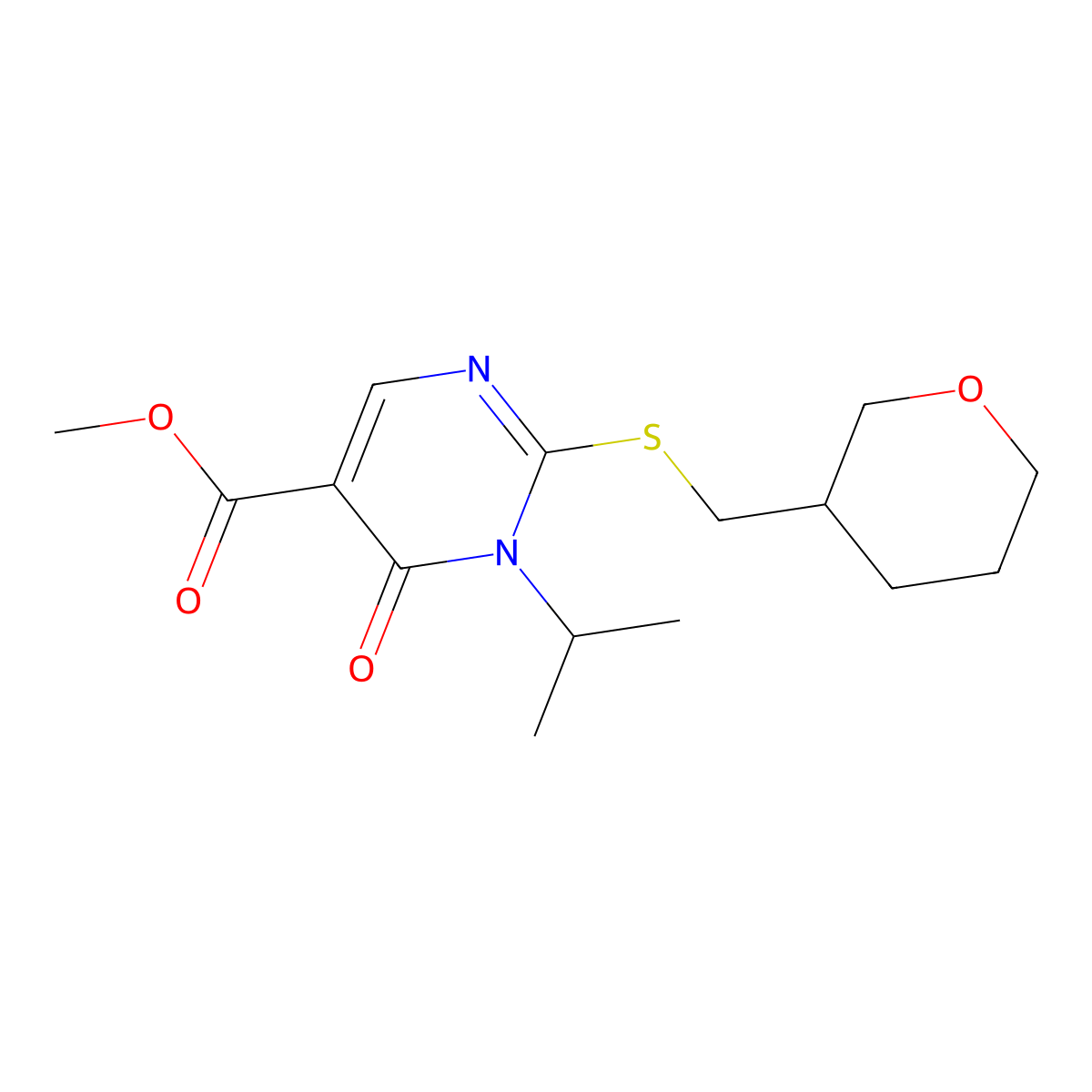 Methyl 2-{[(oxan-3-yl)methyl]sulfanyl}-6-oxo-1-(propan-2-yl)-1,6-dihydropyrimidine-5-carboxylate molecular structure, CAS 3030778-69-6