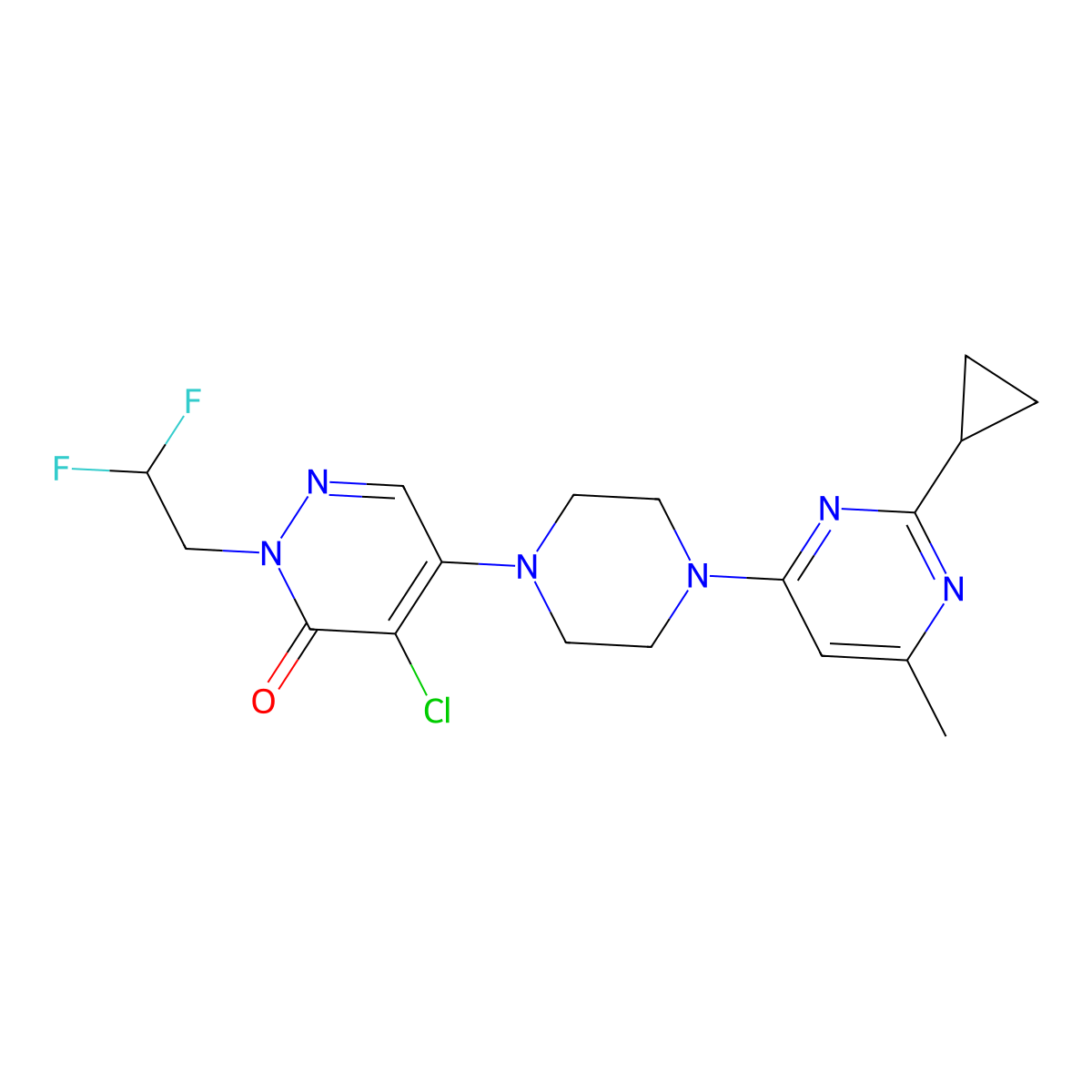4-Chloro-5-[4-(2-cyclopropyl-6-methylpyrimidin-4-yl)piperazin-1-yl]-2-(2,2-difluoroethyl)-2,3-dihydropyridazin-3-one molecular structure, CAS 3030778-80-1