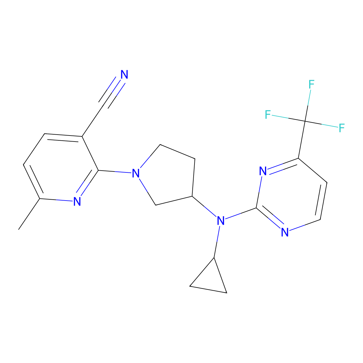 2-(3-{Cyclopropyl[4-(trifluoromethyl)pyrimidin-2-yl]amino}pyrrolidin-1-yl)-6-methylpyridine-3-carbonitrile molecular structure, CAS 3030779-02-0