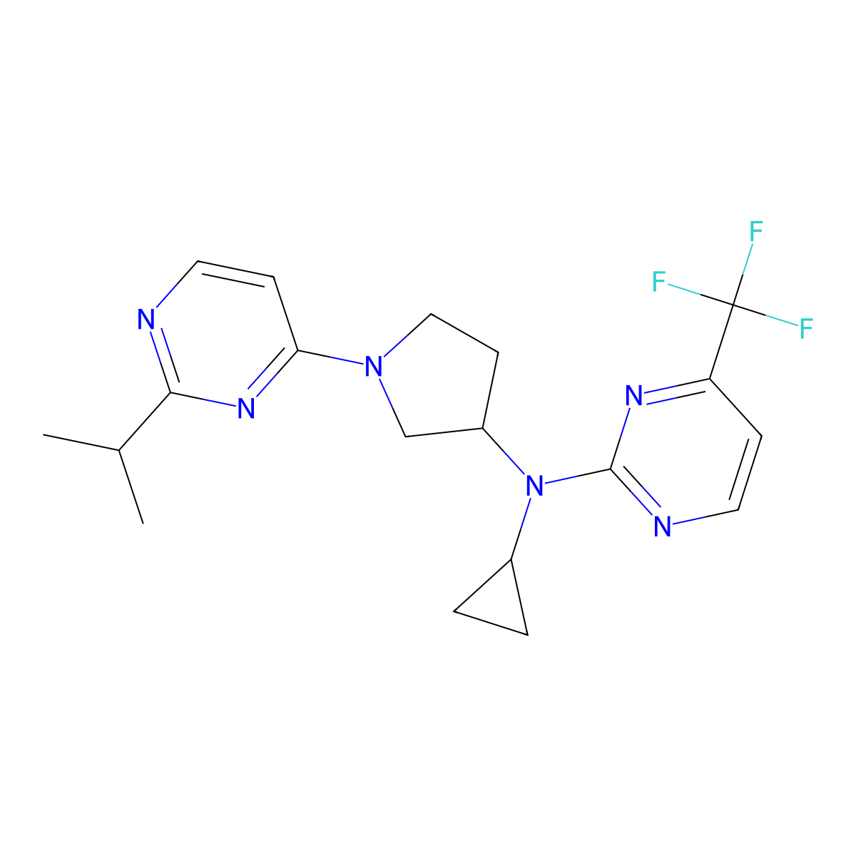 N-cyclopropyl-N-{1-[2-(propan-2-yl)pyrimidin-4-yl]pyrrolidin-3-yl}-4-(trifluoromethyl)pyrimidin-2-amine molecular structure, CAS 3030779-05-3