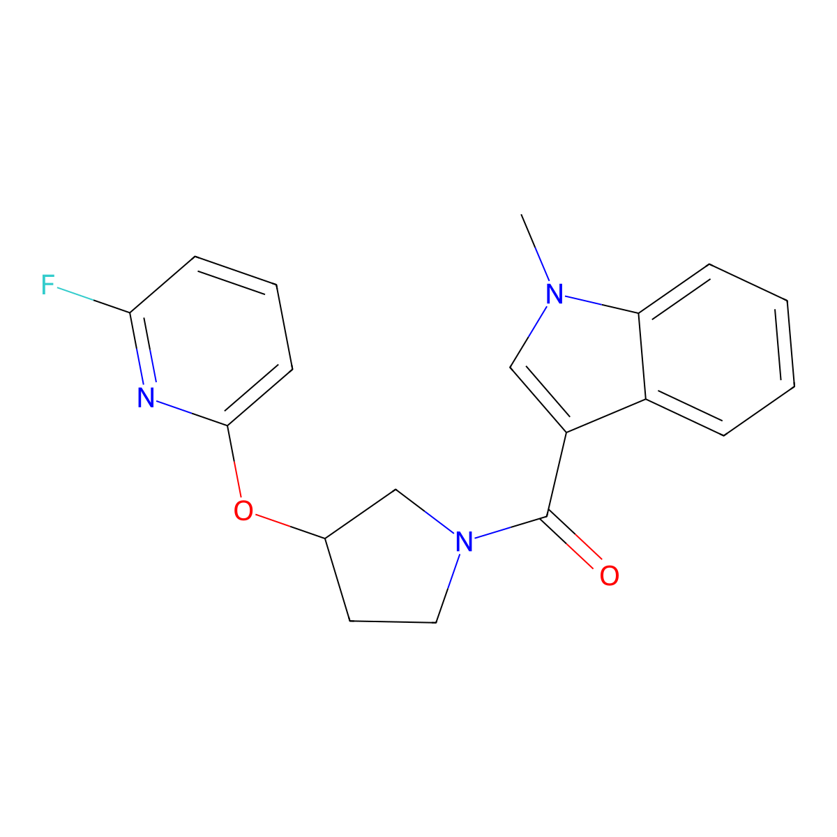 3-{3-[(6-fluoropyridin-2-yl)oxy]pyrrolidine-1-carbonyl}-1-methyl-1H-indole molecular structure, CAS 3030779-14-4
