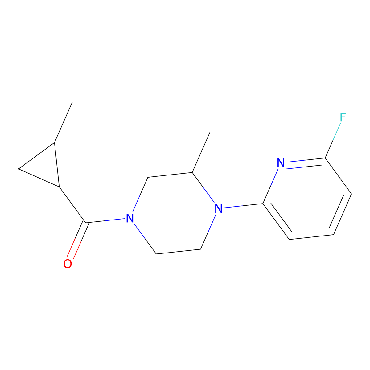 1-(6-Fluoropyridin-2-yl)-2-methyl-4-(2-methylcyclopropanecarbonyl)piperazine molecular structure, CAS 3030779-16-6