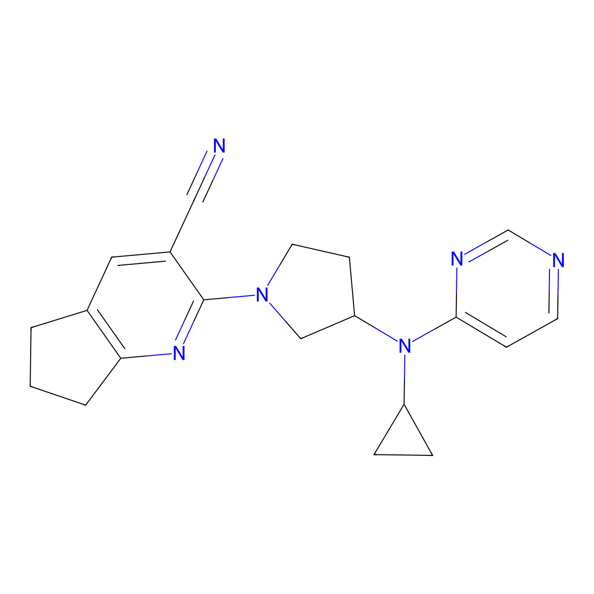 2-{3-[cyclopropyl(pyrimidin-4-yl)amino]pyrrolidin-1-yl}-5H,6H,7H-cyclopenta[b]pyridine-3-carbonitrile molecular structure, CAS 3030779-21-3