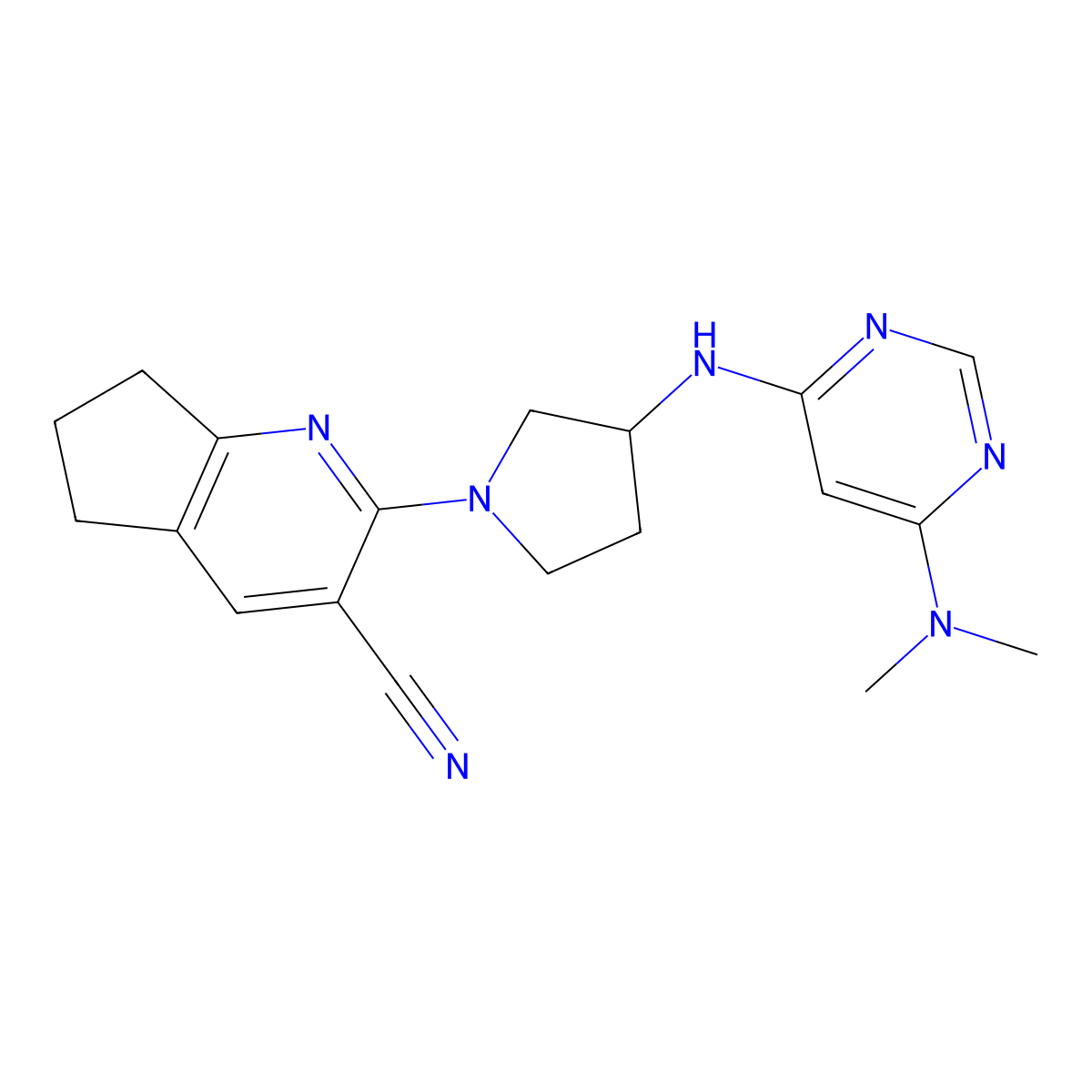 2-(3-{[6-(dimethylamino)pyrimidin-4-yl]amino}pyrrolidin-1-yl)-5H,6H,7H-cyclopenta[b]pyridine-3-carbonitrile molecular structure, CAS 3030779-30-4