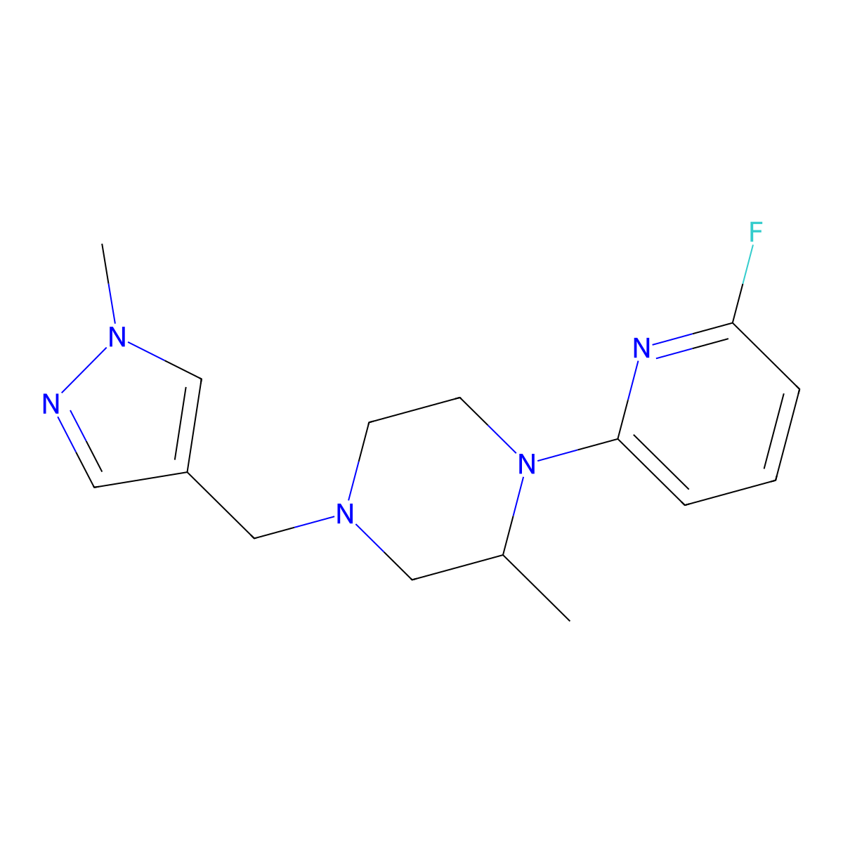 1-(6-Fluoro-2-pyridinyl)-2-methyl-4-[(1-methylpyrazol-4-yl)methyl]piperazine molecular structure, CAS 3030779-31-5