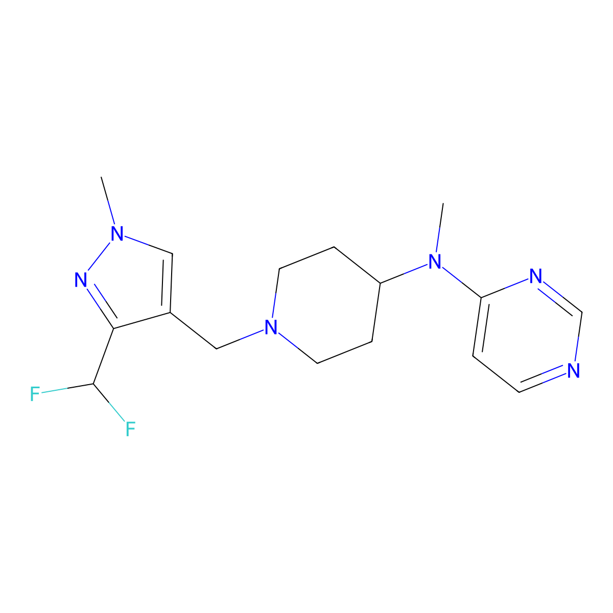 N-(1-{[3-(difluoromethyl)-1-methyl-1H-pyrazol-4-yl]methyl}piperidin-4-yl)-N-methylpyrimidin-4-amine molecular structure, CAS 3030779-34-8