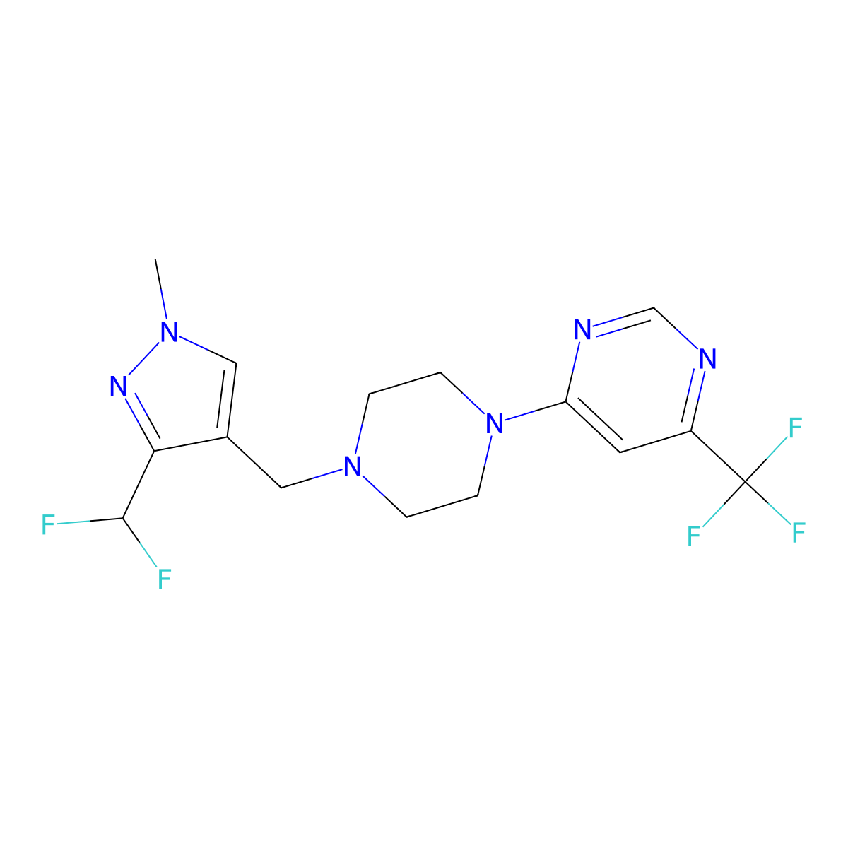 4-(4-{[3-(difluoromethyl)-1-methyl-1H-pyrazol-4-yl]methyl}piperazin-1-yl)-6-(trifluoromethyl)pyrimidine molecular structure, CAS 3030779-36-0