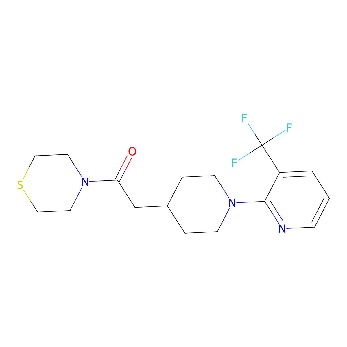 1-(Thiomorpholin-4-yl)-2-{1-[3-(trifluoromethyl)pyridin-2-yl]piperidin-4-yl}ethan-1-one molecular structure, CAS 3030779-44-0