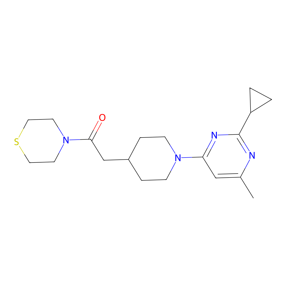 2-[1-(2-Cyclopropyl-6-methylpyrimidin-4-yl)piperidin-4-yl]-1-(thiomorpholin-4-yl)ethan-1-one molecular structure, CAS 3030779-50-8