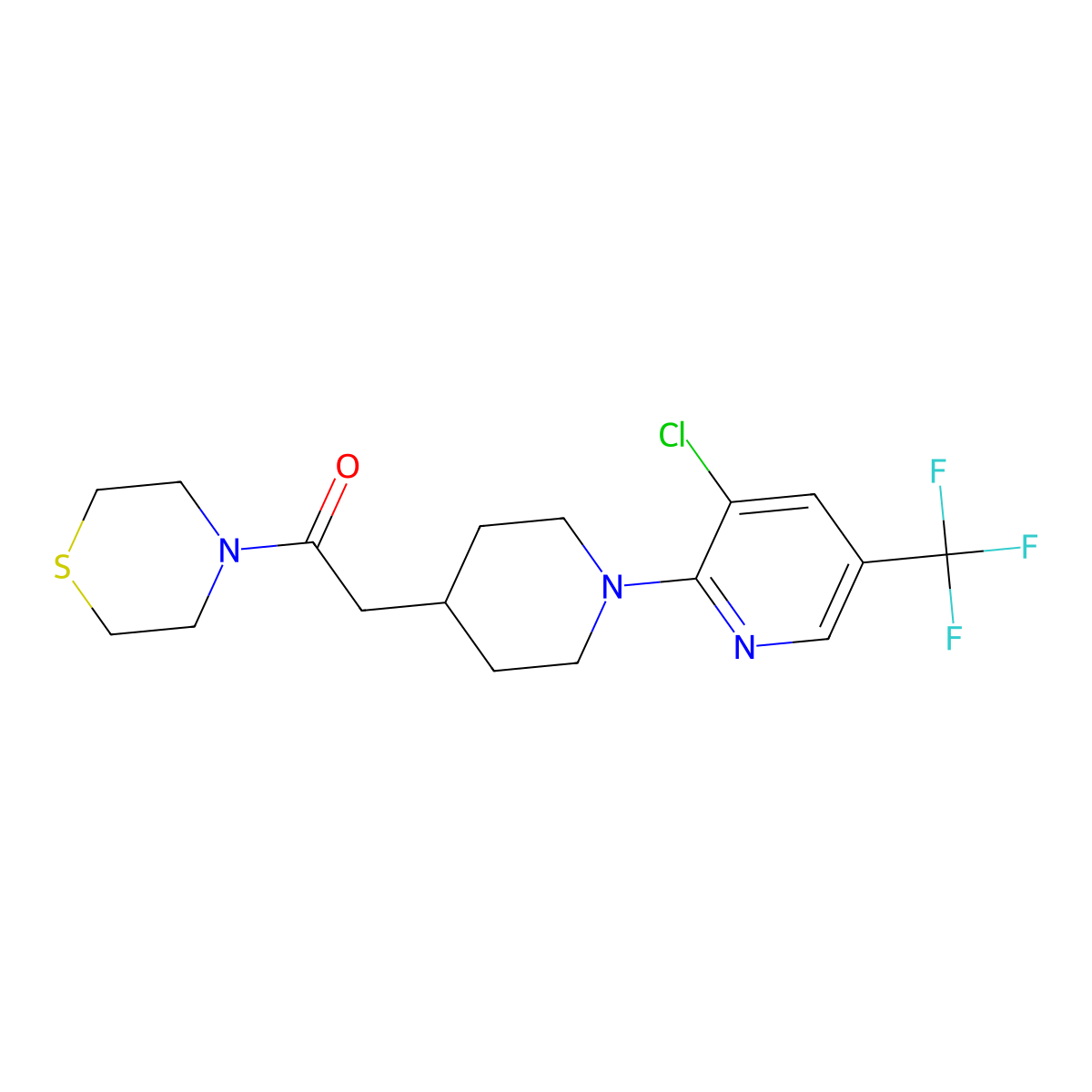 2-{1-[3-Chloro-5-(trifluoromethyl)pyridin-2-yl]piperidin-4-yl}-1-(thiomorpholin-4-yl)ethan-1-one molecular structure, CAS 3030779-55-3
