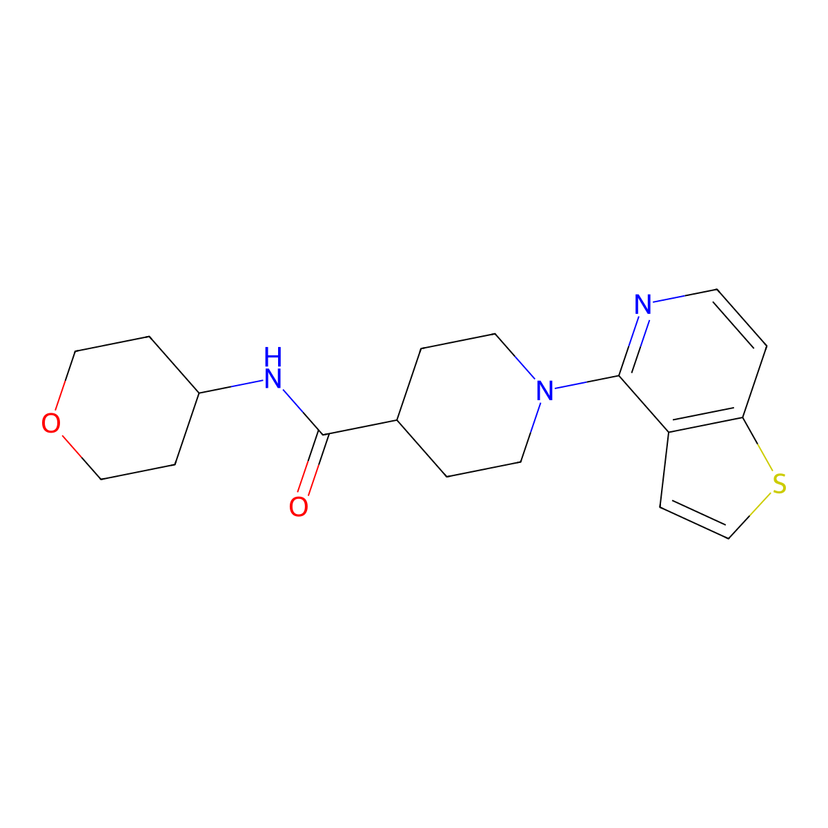 N-(oxan-4-yl)-1-{thieno[3,2-c]pyridin-4-yl}piperidine-4-carboxamide molecular structure, CAS 3030779-66-6