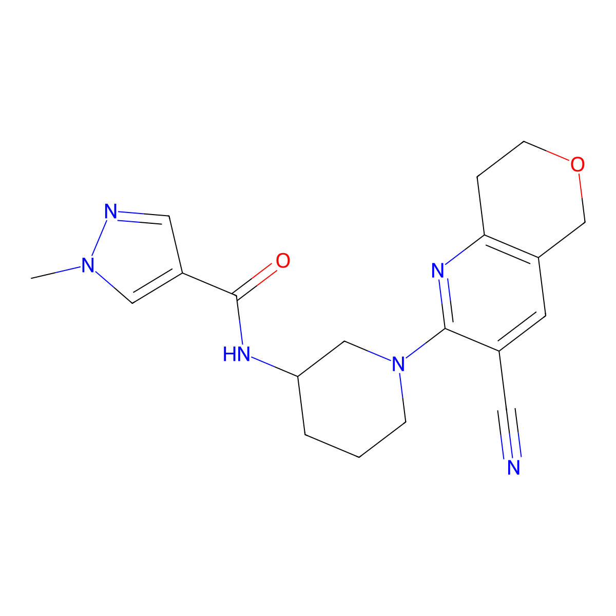 N-(1-{3-cyano-5H,7H,8H-pyrano[4,3-b]pyridin-2-yl}piperidin-3-yl)-1-methyl-1H-pyrazole-4-carboxamide molecular structure, CAS 3030779-88-2