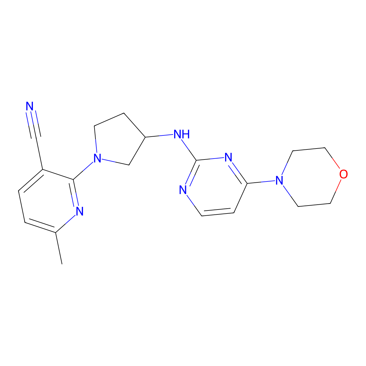 6-Methyl-2-(3-{[4-(morpholin-4-yl)pyrimidin-2-yl]amino}pyrrolidin-1-yl)pyridine-3-carbonitrile molecular structure, CAS 3030779-96-2
