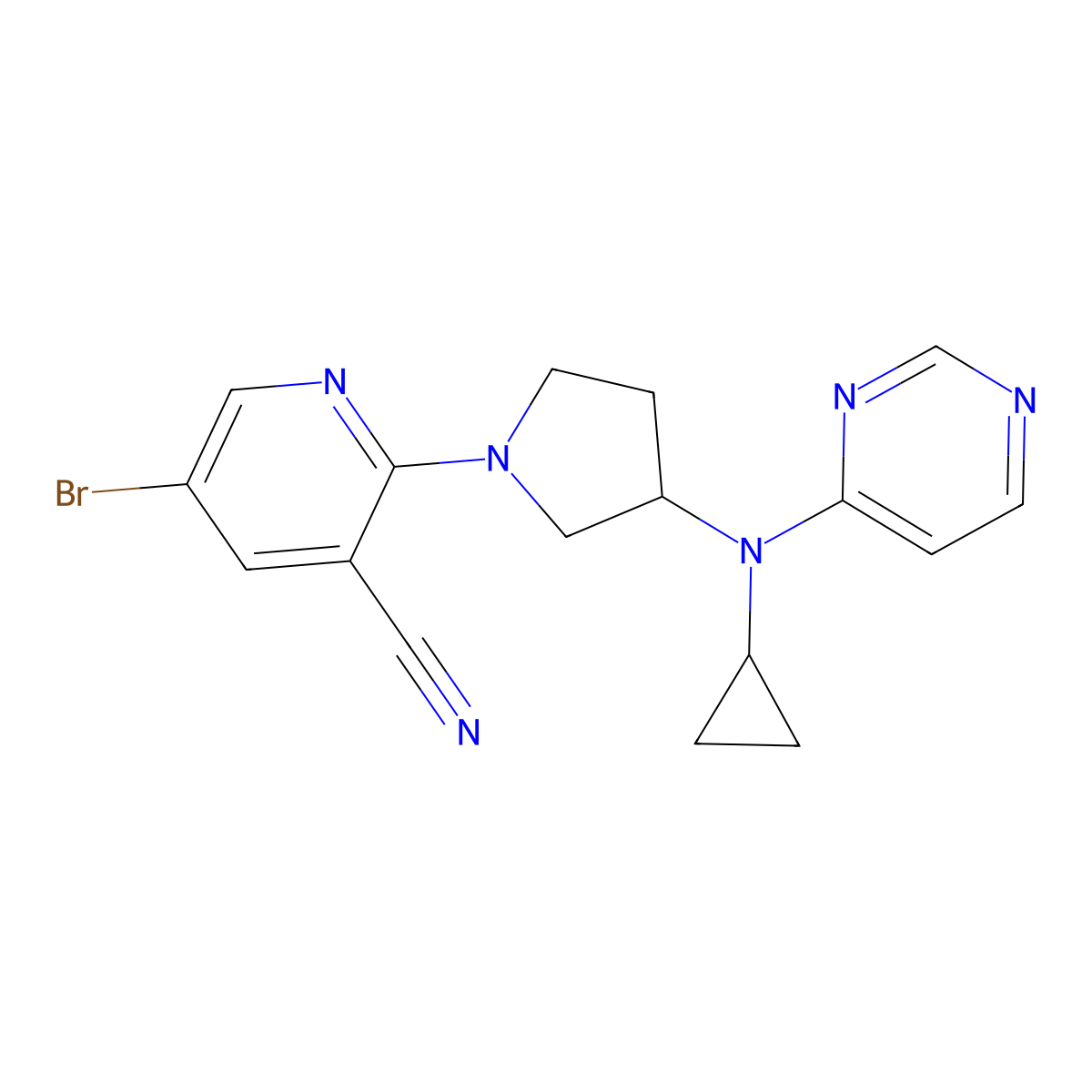 5-Bromo-2-{3-[cyclopropyl(pyrimidin-4-yl)amino]pyrrolidin-1-yl}pyridine-3-carbonitrile molecular structure, CAS 3030780-19-6