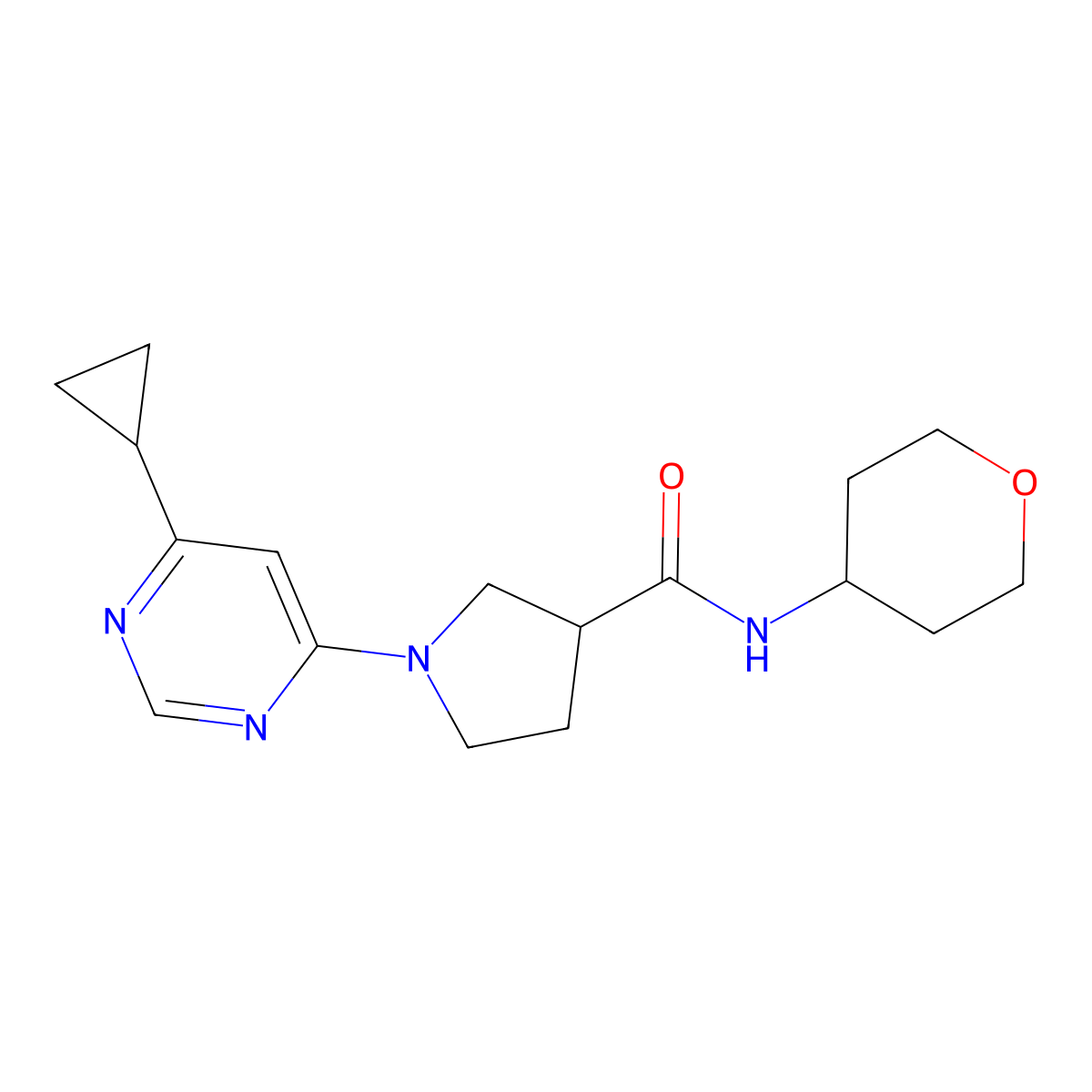 1-(6-cyclopropylpyrimidin-4-yl)-N-(oxan-4-yl)pyrrolidine-3-carboxamide molecular structure, CAS 3030780-35-6