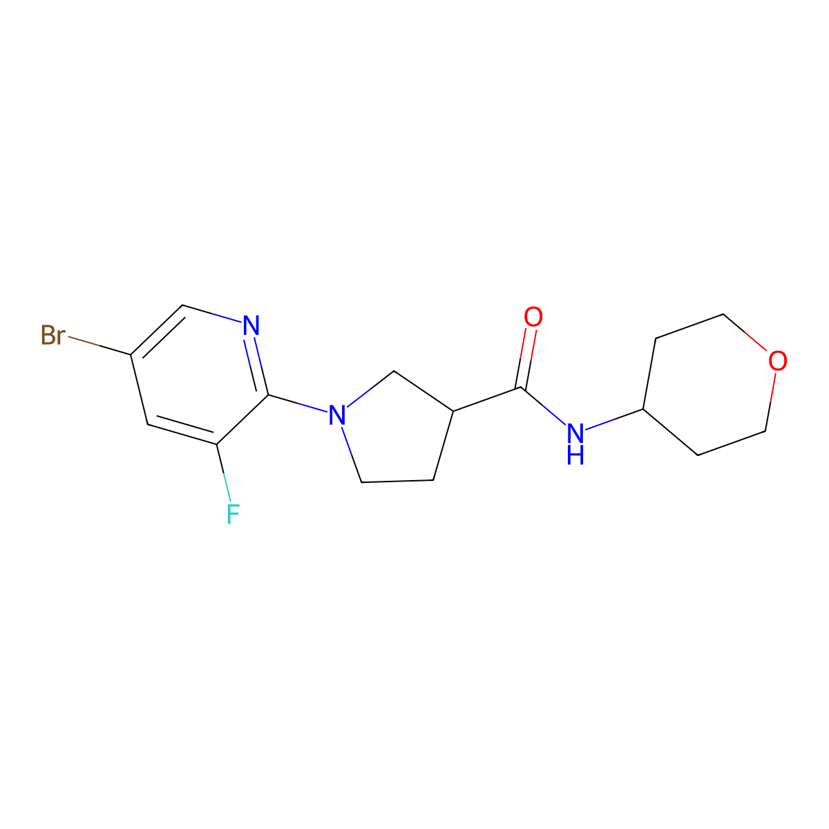 1-(5-bromo-3-fluoro-2-pyridinyl)-N-(oxan-4-yl)pyrrolidine-3-carboxamide molecular structure, CAS 3030780-45-8