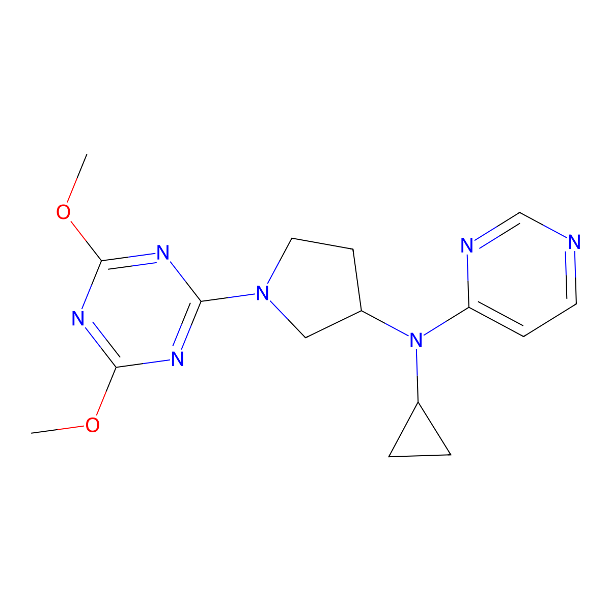 N-cyclopropyl-N-[1-(4,6-dimethoxy-1,3,5-triazin-2-yl)pyrrolidin-3-yl]pyrimidin-4-amine molecular structure, CAS 3030780-48-1