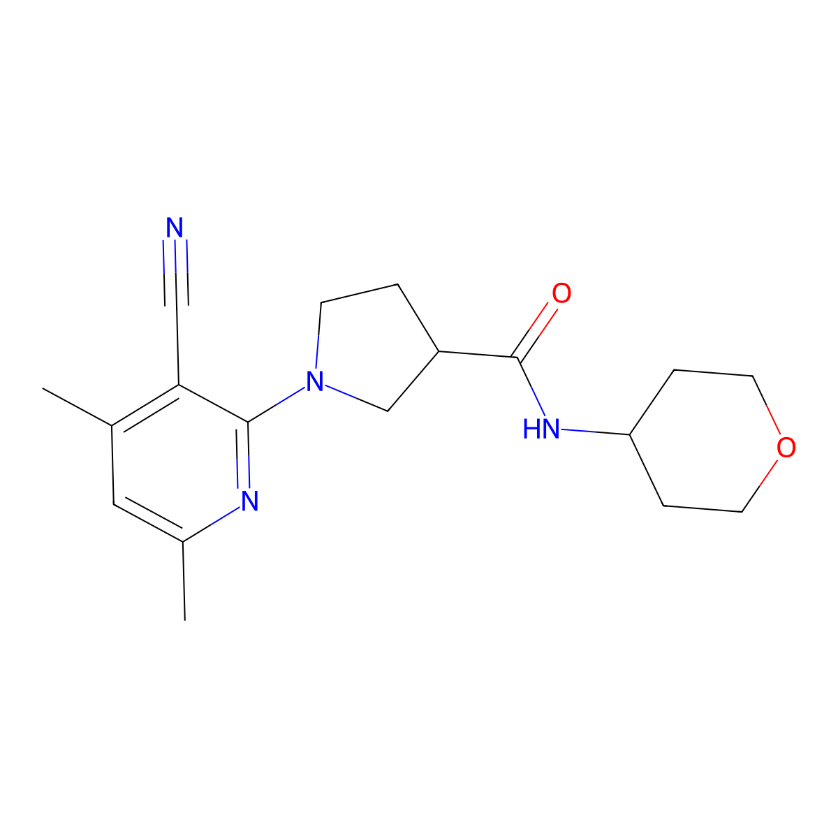 1-(3-cyano-4,6-dimethylpyridin-2-yl)-N-(oxan-4-yl)pyrrolidine-3-carboxamide molecular structure, CAS 3030780-60-7