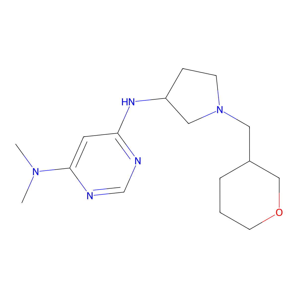 N4,N4-dimethyl-N6-{1-[(oxan-3-yl)methyl]pyrrolidin-3-yl}pyrimidine-4,6-diamine molecular structure, CAS 3030780-61-8