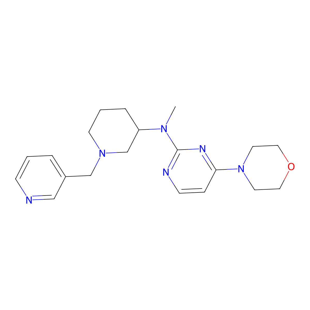 N-methyl-4-(morpholin-4-yl)-N-{1-[(pyridin-3-yl)methyl]piperidin-3-yl}pyrimidin-2-amine molecular structure, CAS 3030780-87-8