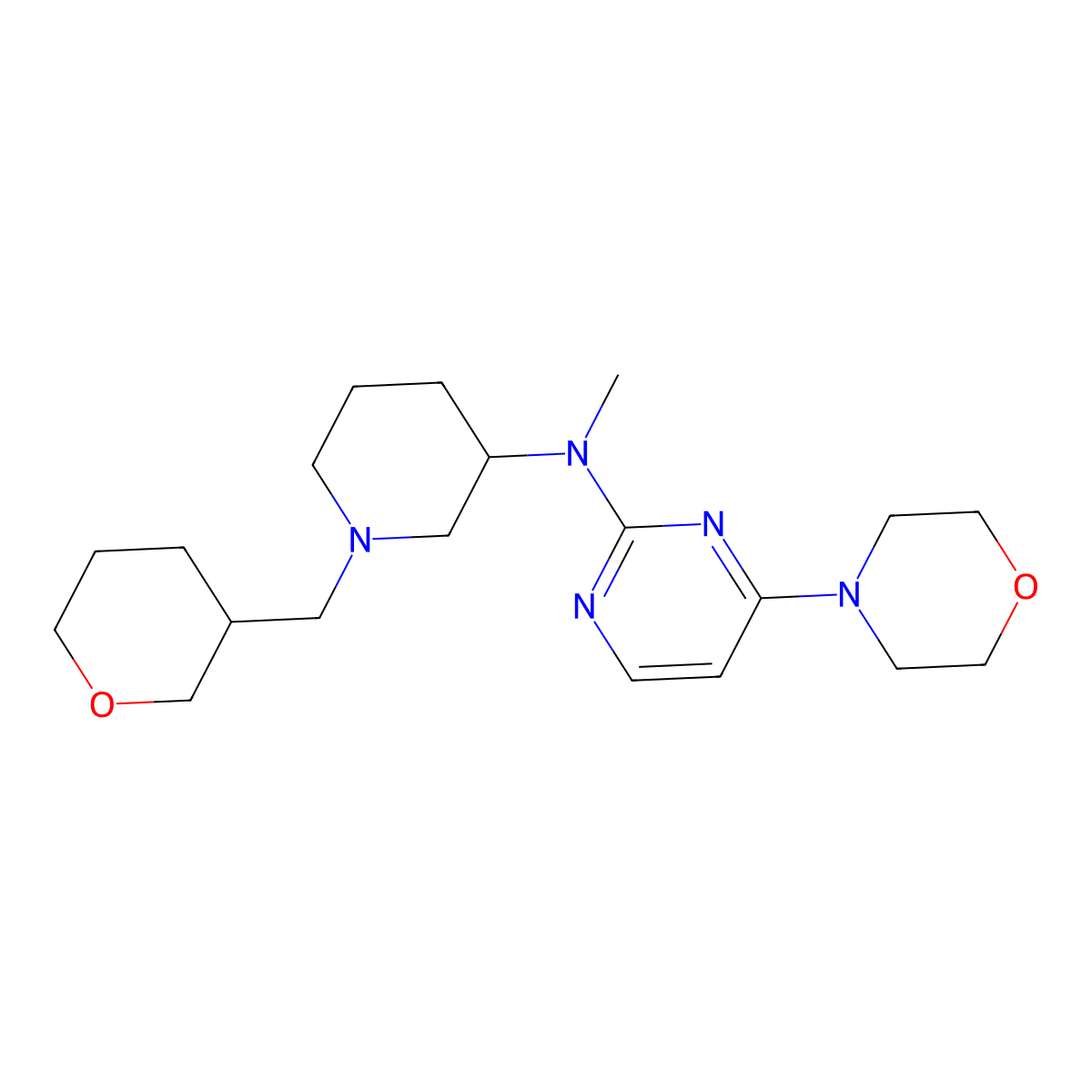 N-methyl-4-(morpholin-4-yl)-N-{1-[(oxan-3-yl)methyl]piperidin-3-yl}pyrimidin-2-amine molecular structure, CAS 3030780-95-8