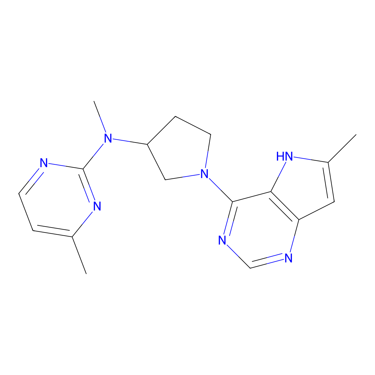 N,4-dimethyl-N-(1-{6-methyl-5H-pyrrolo[3,2-d]pyrimidin-4-yl}pyrrolidin-3-yl)pyrimidin-2-amine molecular structure, CAS 3030781-03-1