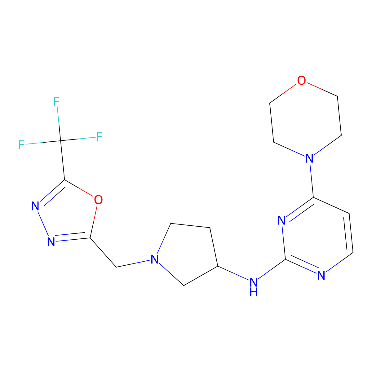 4-(morpholin-4-yl)-N-(1-{[5-(trifluoromethyl)-1,3,4-oxadiazol-2-yl]methyl}pyrrolidin-3-yl)pyrimidin-2-amine molecular structure, CAS 3030781-15-5