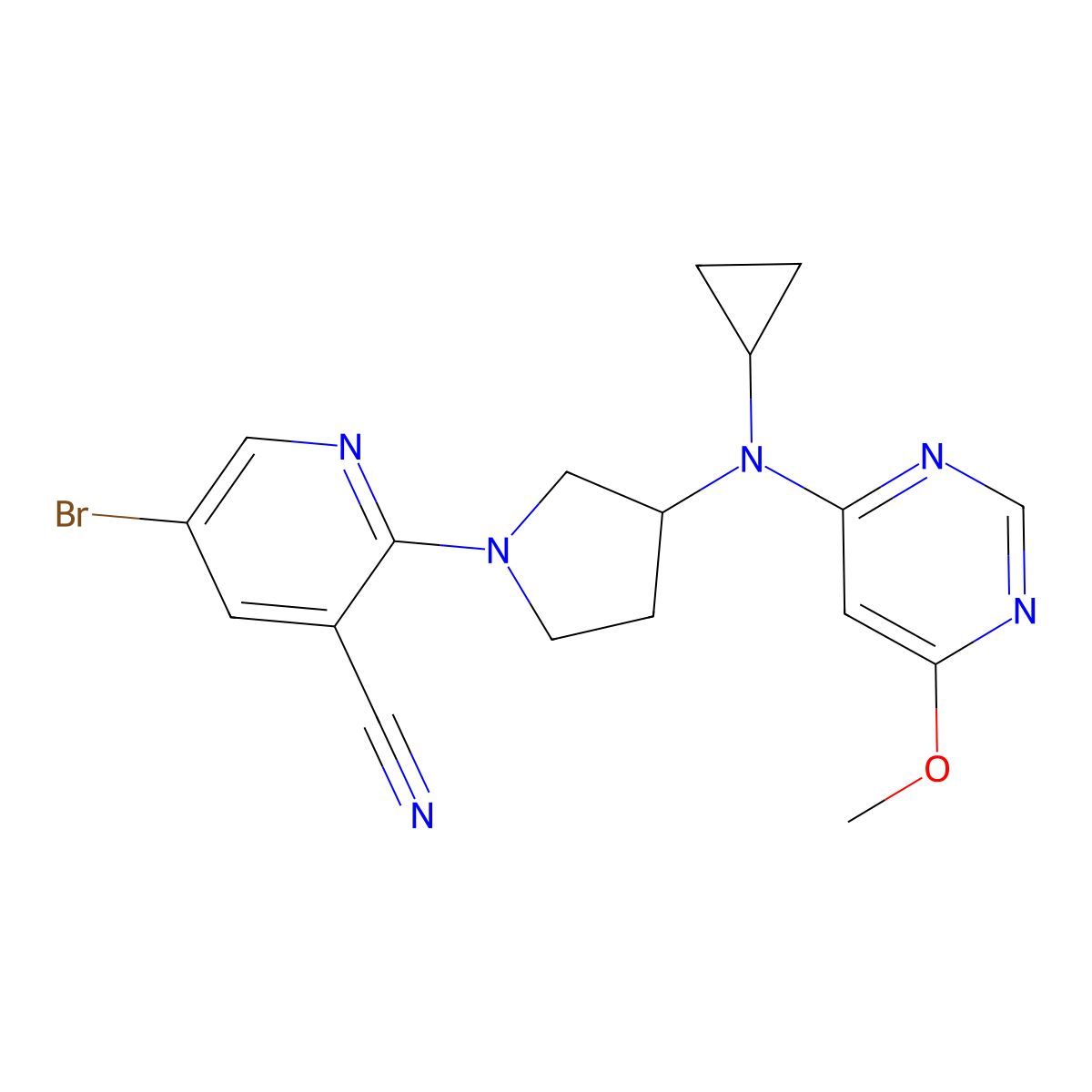 5-Bromo-2-{3-[cyclopropyl(6-methoxypyrimidin-4-yl)amino]pyrrolidin-1-yl}pyridine-3-carbonitrile molecular structure, CAS 3030781-25-7